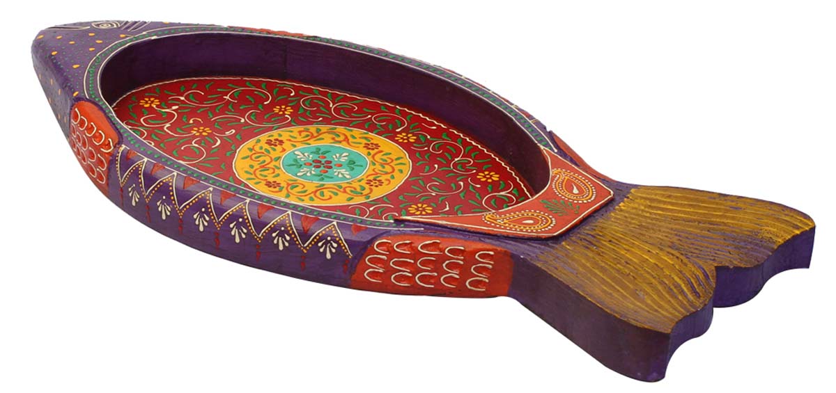 Bulk Wholesale Handmade 24” Wooden Serving Tray in Purple Colored Fish Shape Enhanced with Bright Colorful Motifs – Antique-Look Kitchen Accessories / Home Décor from India