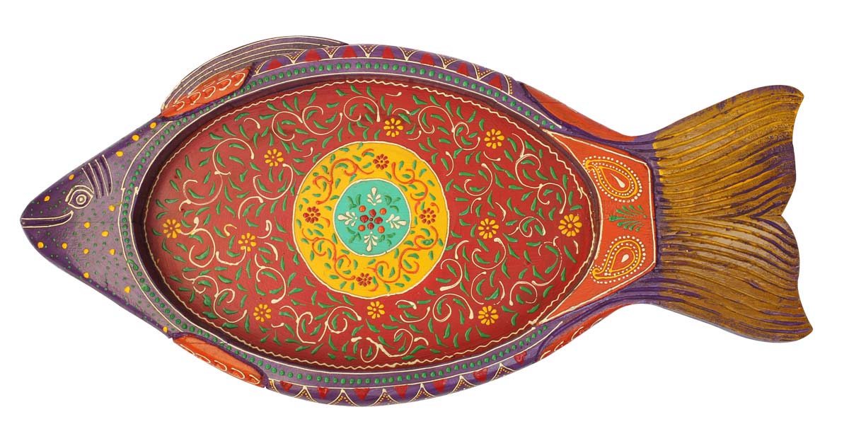 Bulk Wholesale Handmade 24” Wooden Serving Tray in Purple Colored Fish Shape Enhanced with Bright Colorful Motifs – Antique-Look Kitchen Accessories / Home Décor from India