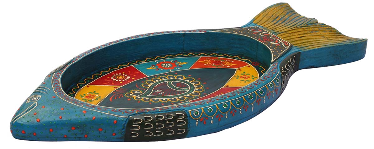 Bulk Wholesale Handmade 24” Wooden Serving Tray in Teal-Blue Colored Fish Shape Enhanced with Bright Colorful Motifs – Antique-Look Kitchen Accessories / Home Décor from India