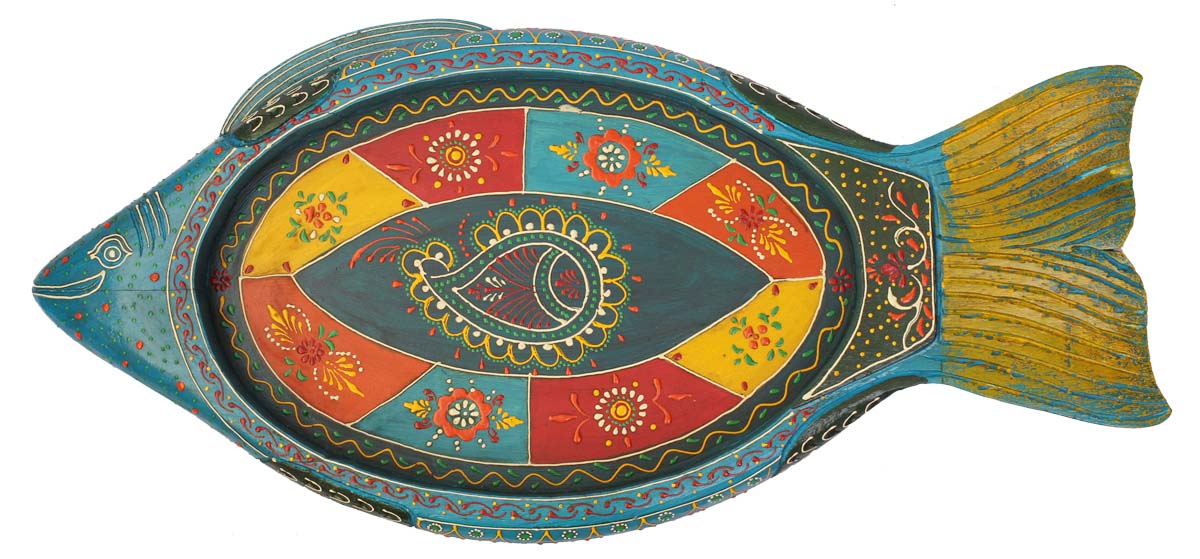 Bulk Wholesale Handmade 24” Wooden Serving Tray in Teal-Blue Colored Fish Shape Enhanced with Bright Colorful Motifs – Antique-Look Kitchen Accessories / Home Décor from India