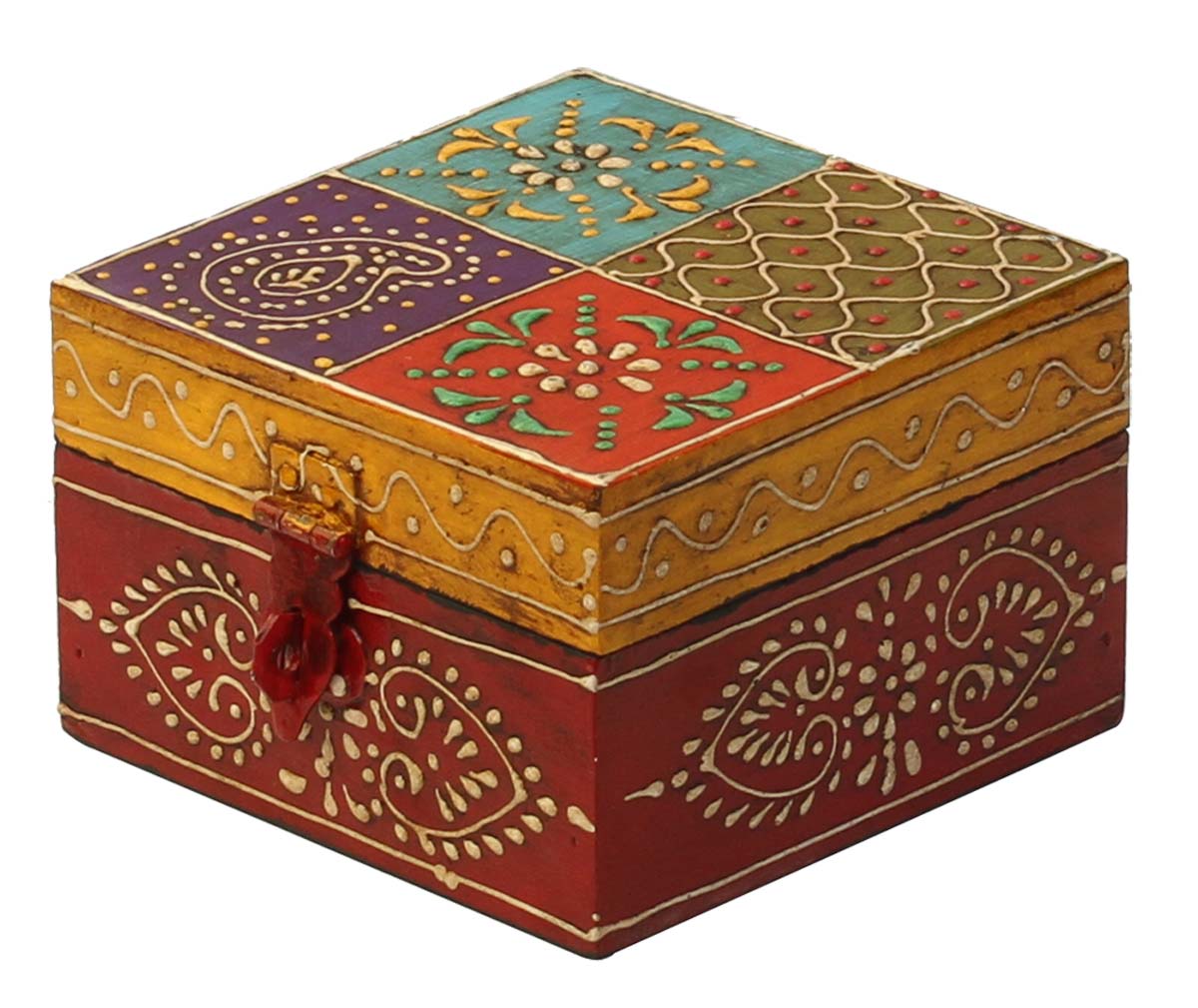 Wholesale 4” Wooden Jewelry Box in Bulk - Source Handmade Keepsake Box/Trinket Box in Red & Yellow Color Further Enhanced with Colorful Cone-Painting Art from India