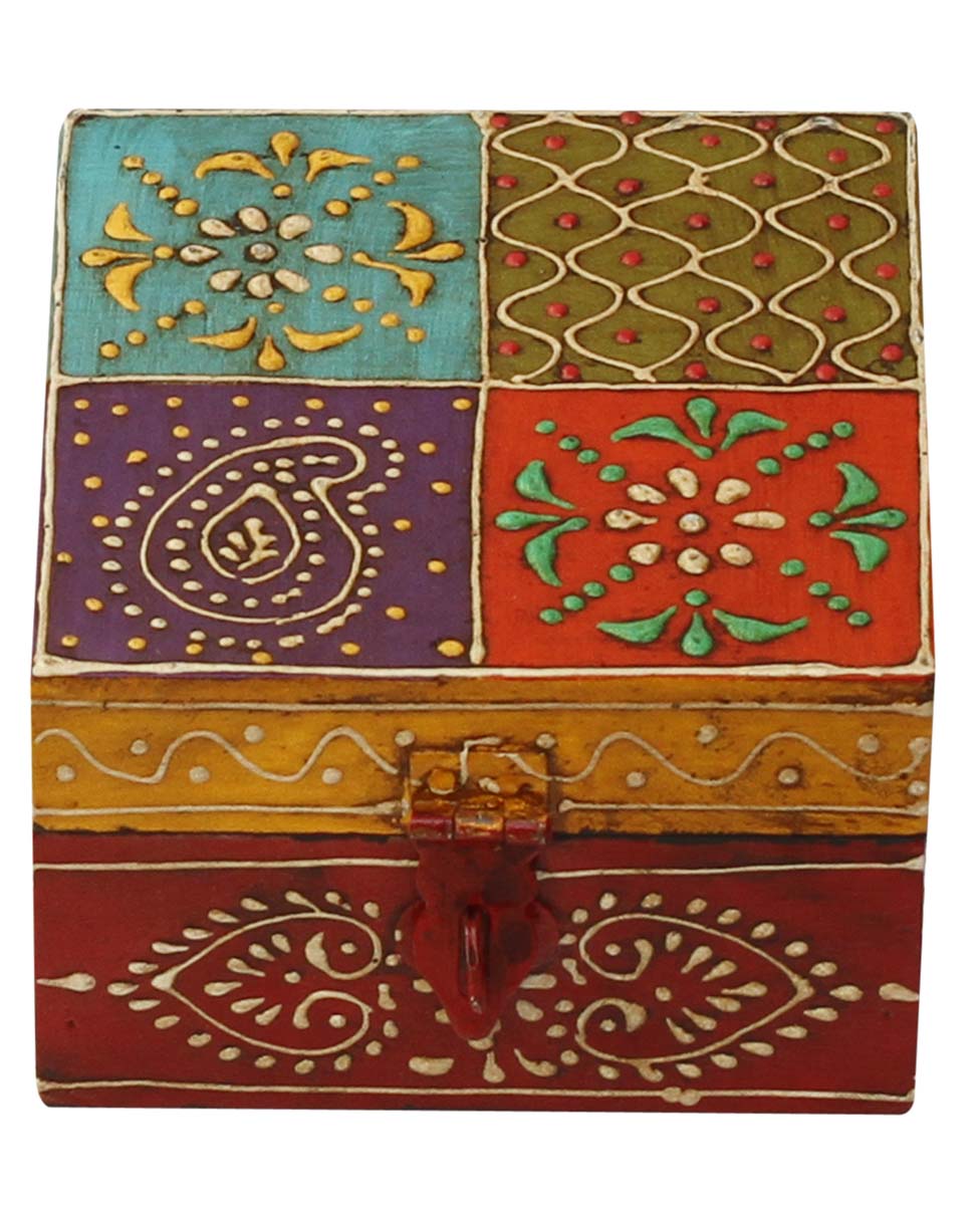 Wholesale 4” Wooden Jewelry Box in Bulk - Source Handmade Keepsake Box/Trinket Box in Red & Yellow Color Further Enhanced with Colorful Cone-Painting Art from India