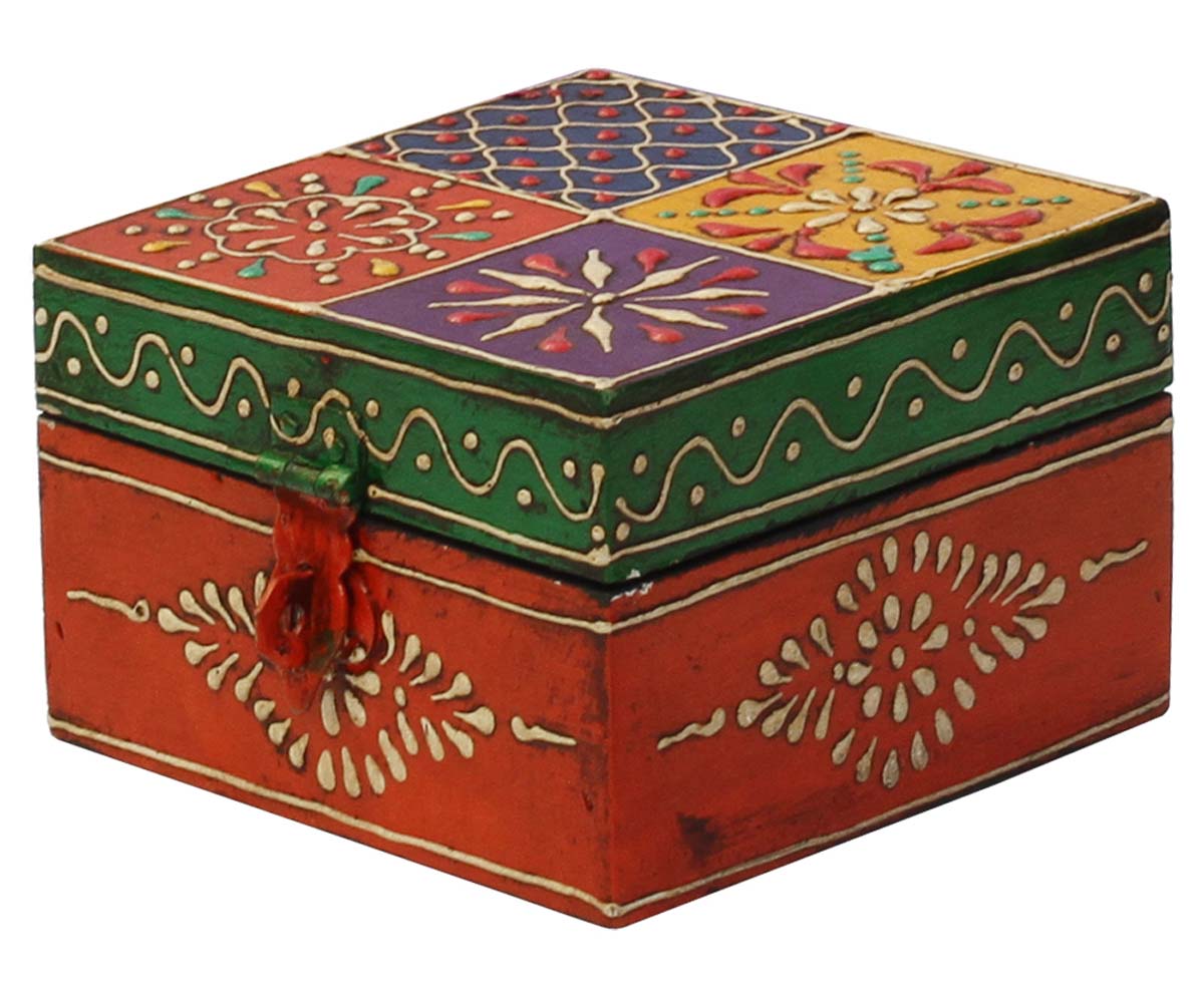Wholesale 4” Wooden Jewelry Box in Bulk - Source Handmade Keepsake Box/Trinket Box in Orange & Green Color Further Enhanced with Colorful Cone-Painting Art from India with Orange Metal Lock