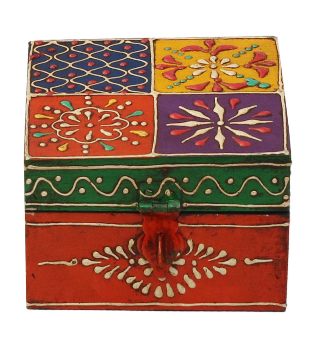 Wholesale 4” Wooden Jewelry Box in Bulk - Source Handmade Keepsake Box/Trinket Box in Orange & Green Color Further Enhanced with Colorful Cone-Painting Art from India with Orange Metal Lock