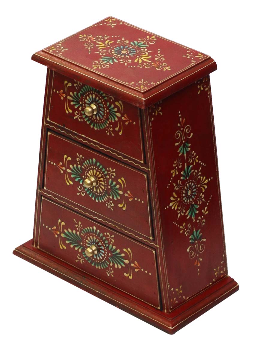 Bulk Source 10” Wooden Jewelry Box - Wholesale Trapezoid Handmade Keepsake Box/Trinket Box in Purple & Orange Color Further Enhanced with Colorful Cone-Painting Art from India