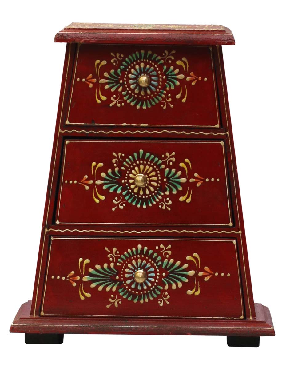 Bulk Source 10” Wooden Jewelry Box - Wholesale Trapezoid Handmade Keepsake Box/Trinket Box in Purple & Orange Color Further Enhanced with Colorful Cone-Painting Art from India