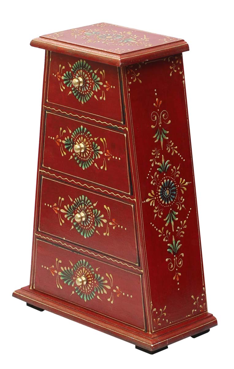 Source 12.4” Wooden Jewelry Box in Bulk - Wholesale Handmade Trapezoid Keepsake Box/Trinket Box in Red with 4 Drawers Decorated with Old World Cone Painting Art from India