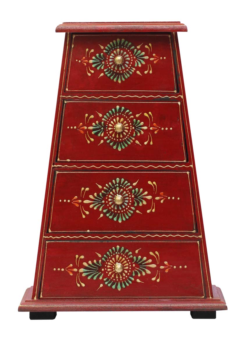 Source 12.4” Wooden Jewelry Box in Bulk - Wholesale Handmade Trapezoid Keepsake Box/Trinket Box in Red with 4 Drawers Decorated with Old World Cone Painting Art from India