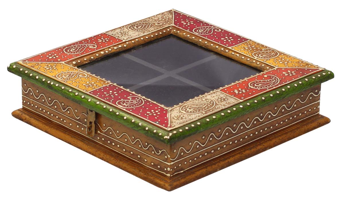 Source 9.4” Wooden Jewelry Box in Bulk - Wholesale Handmade Red, Yellow, Off-White Keepsake Box/Trinket Box with 4 Compartments & Glass Top in Blue - Antique-Look Box Decorated with Cone Painting Art from India