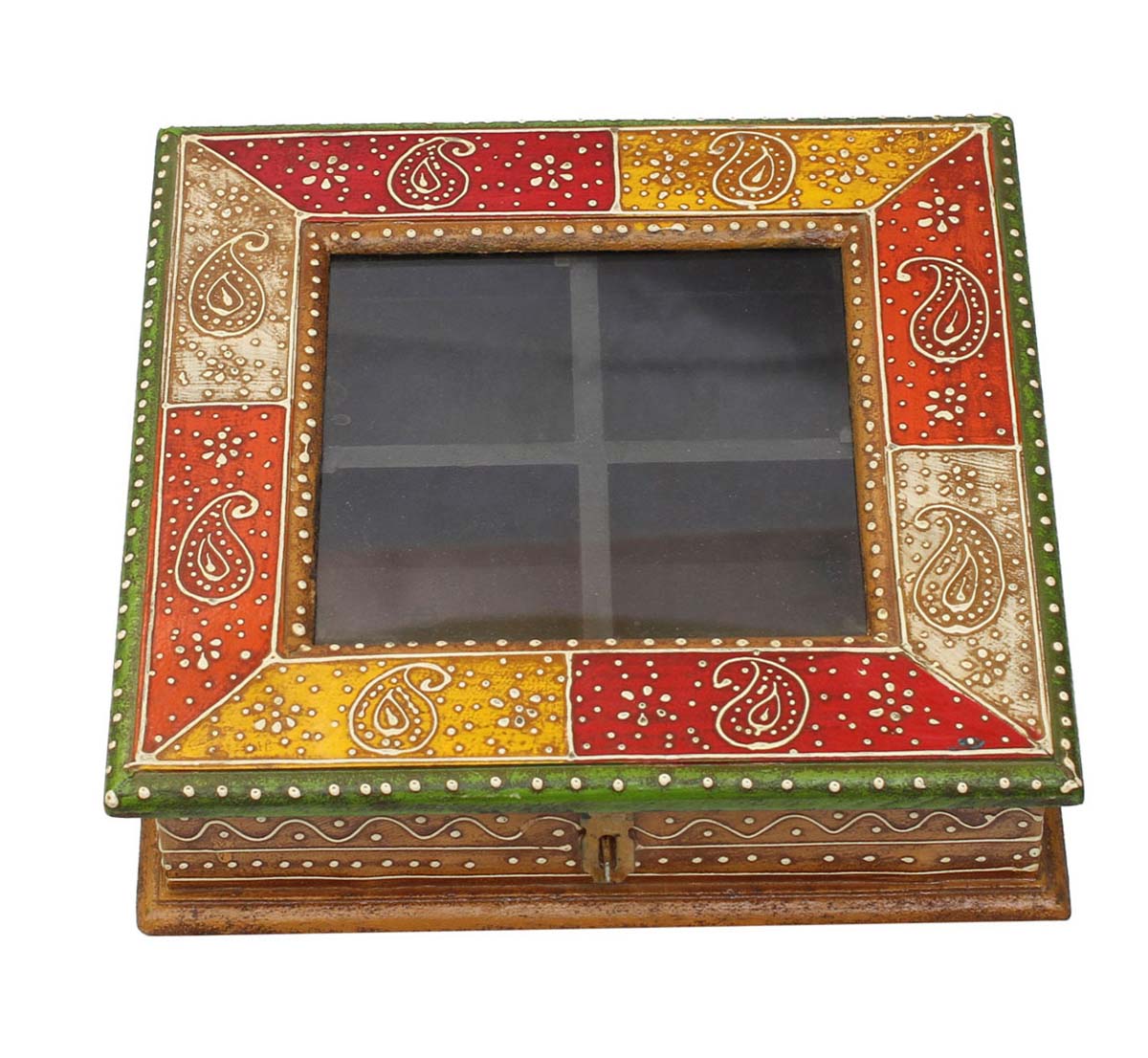 Source 9.4” Wooden Jewelry Box in Bulk - Wholesale Handmade Red, Yellow, Off-White Keepsake Box/Trinket Box with 4 Compartments & Glass Top in Blue - Antique-Look Box Decorated with Cone Painting Art from India