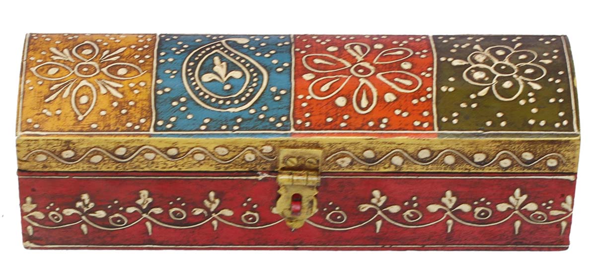 Bulk Wholesale Handmade 10” Rectangular Wooden Pencil / Pen Box Decorated with Colorful Cone-Painting Art – Ethnic Look Utility Boxes from India