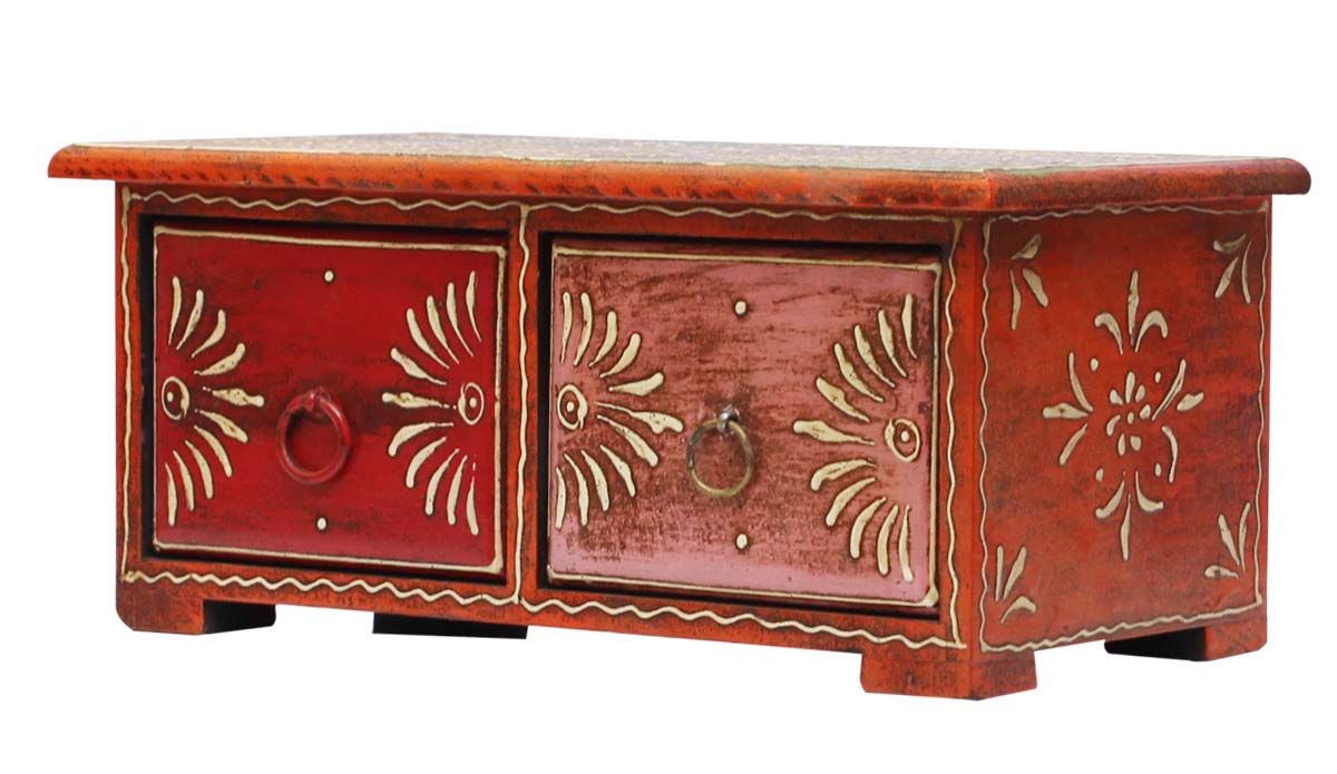 Source 9.4” Wooden Jewelry Box in Bulk - Wholesale Handmade Rectangular Keepsake Box/Trinket Box with 2 Drawers in Red & Old-Style Cone Painting Art in Multicolor Motifs from India
