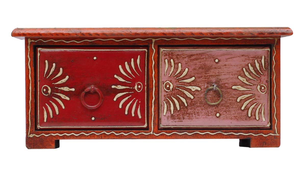 Source 9.4” Wooden Jewelry Box in Bulk - Wholesale Handmade Rectangular Keepsake Box/Trinket Box with 2 Drawers in Red & Old-Style Cone Painting Art in Multicolor Motifs from India