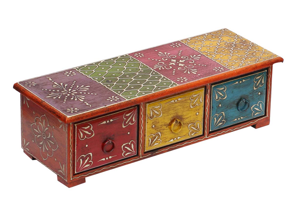 Wholesale 13.4” Wooden Jewelry Box - Bulk Buy Handmade Wood Decorative Keepsake Box/Trinket Box with 3 Drawers in Red, Yellow, Blue & Old-Style Cone Painting Art in Colorful Motifs