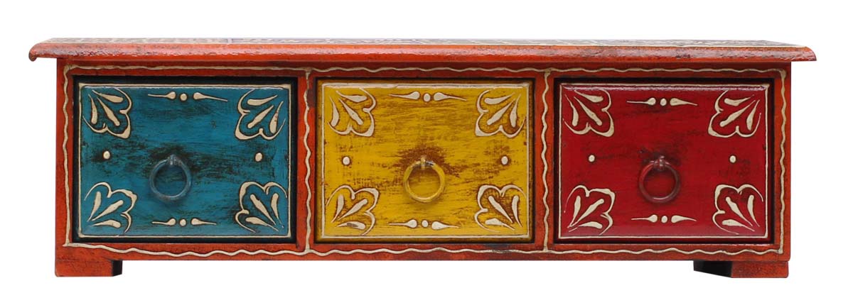 Wholesale 13.4” Wooden Jewelry Box - Bulk Buy Handmade Wood Decorative Keepsake Box/Trinket Box with 3 Drawers in Red, Yellow, Blue & Old-Style Cone Painting Art in Colorful Motifs
