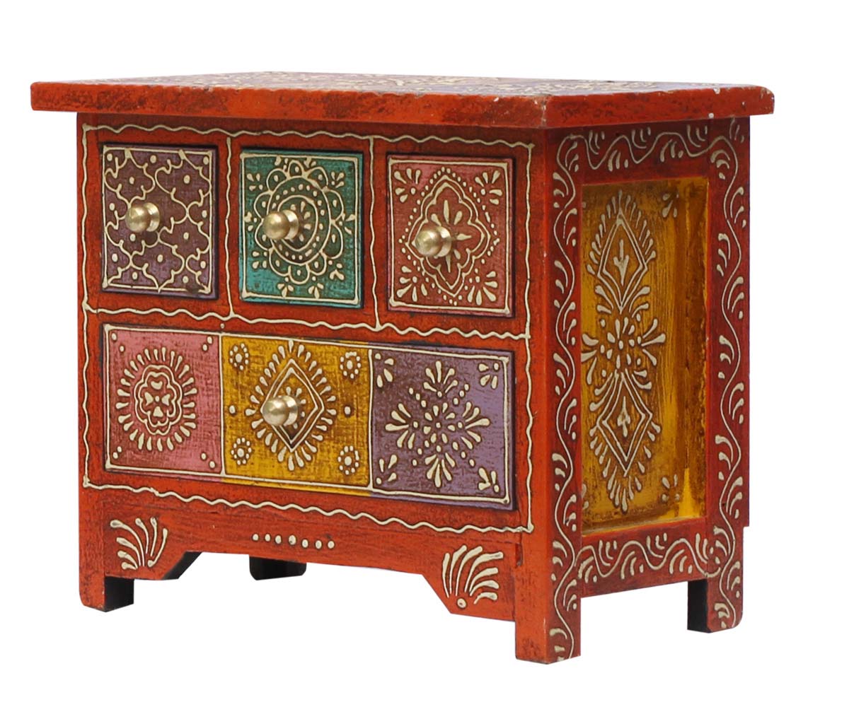 Wholesale 9x5” Wooden Jewelry Box in Bulk - Source Keepsake Box/Trinket Box with 3 Square Drawers, 1 Rectangular Drawer Decorated with Old-Style Cone Painting Art in Colorful Motifs - Antique-Look Box from India