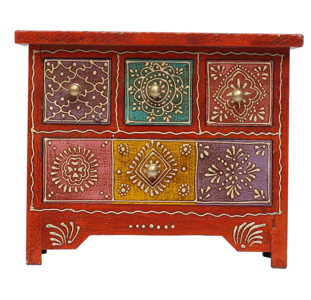 Wholesale 9x5” Wooden Jewelry Box in Bulk - Source Keepsake Box/Trinket Box with 3 Square Drawers, 1 Rectangular Drawer Decorated with Old-Style Cone Painting Art in Colorful Motifs - Antique-Look Box from India
