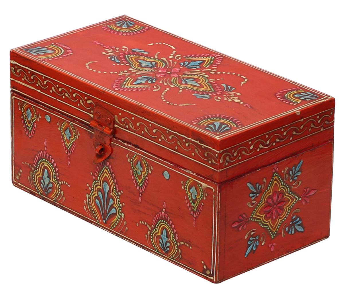 Bulk Wholesale Handmade 9.5” Orange Wooden Bangle Box Decorated with Old World Cone-Painting Art in Traditional Style Motifs – Antique-Look Boxes from India