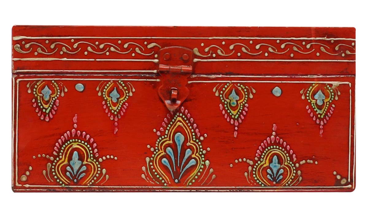 Bulk Wholesale Handmade 9.5” Orange Wooden Bangle Box Decorated with Old World Cone-Painting Art in Traditional Style Motifs – Antique-Look Boxes from India