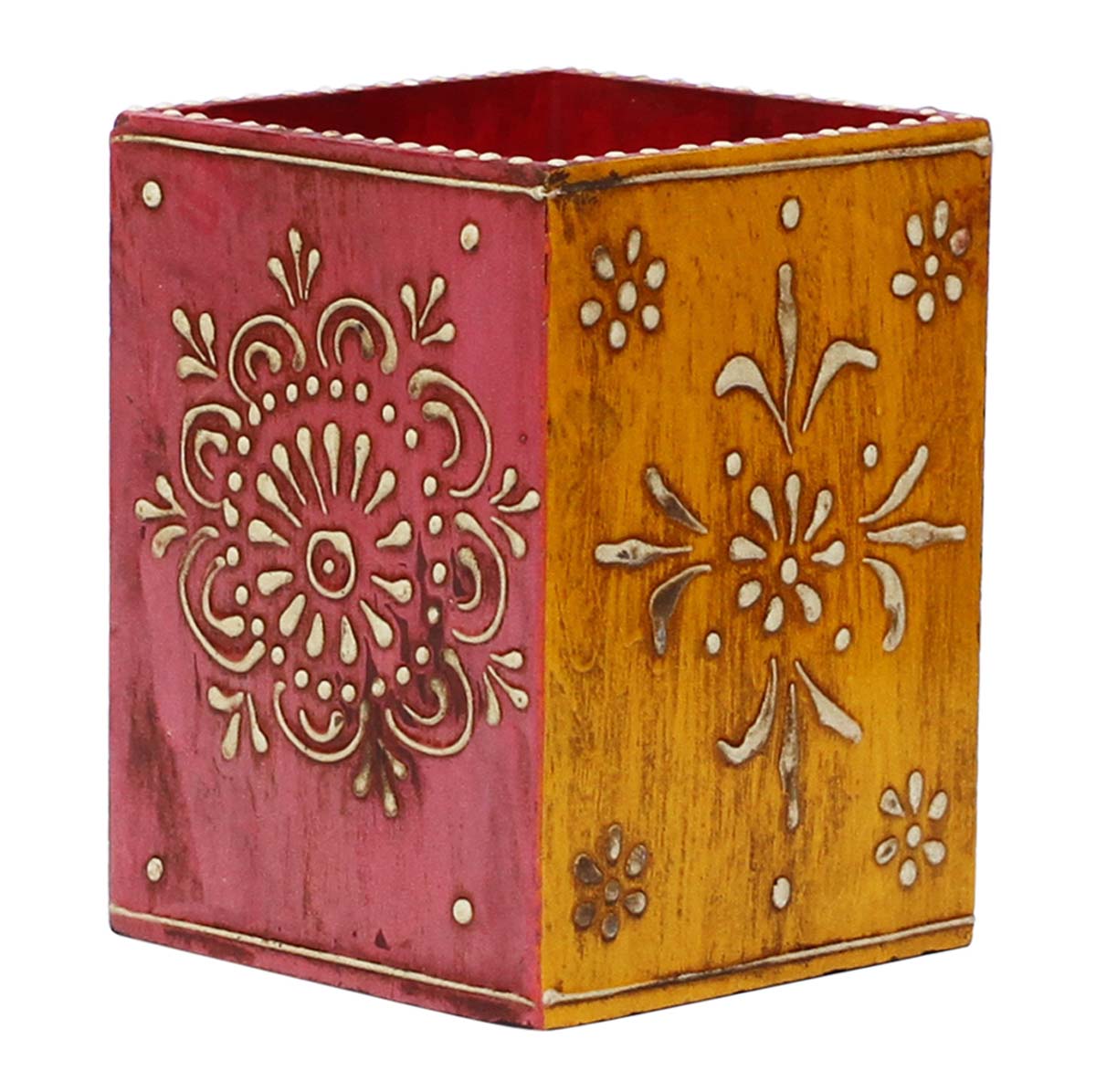 Bulk Wholesale Handmade 6” MDF Pen-Stand / Holder in Pink & Yellow Color Decorated with Old World Cone-Painting Art – Antique-Look Holders from India