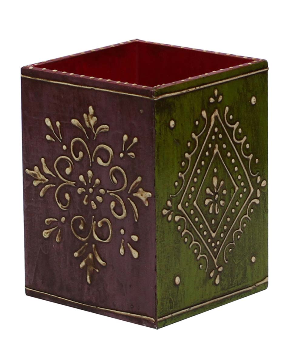 Bulk Wholesale Handmade 6” MDF Pen-Stand / Holder in Lavender & Green Color Decorated with Old World Cone-Painting Art – Antique-Look Holders from India