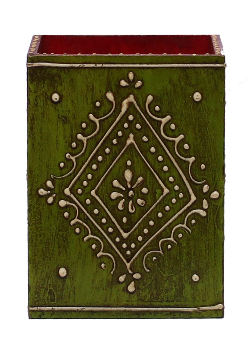 Bulk Wholesale Handmade 6” MDF Pen-Stand / Holder in Lavender & Green Color Decorated with Old World Cone-Painting Art – Antique-Look Holders from India