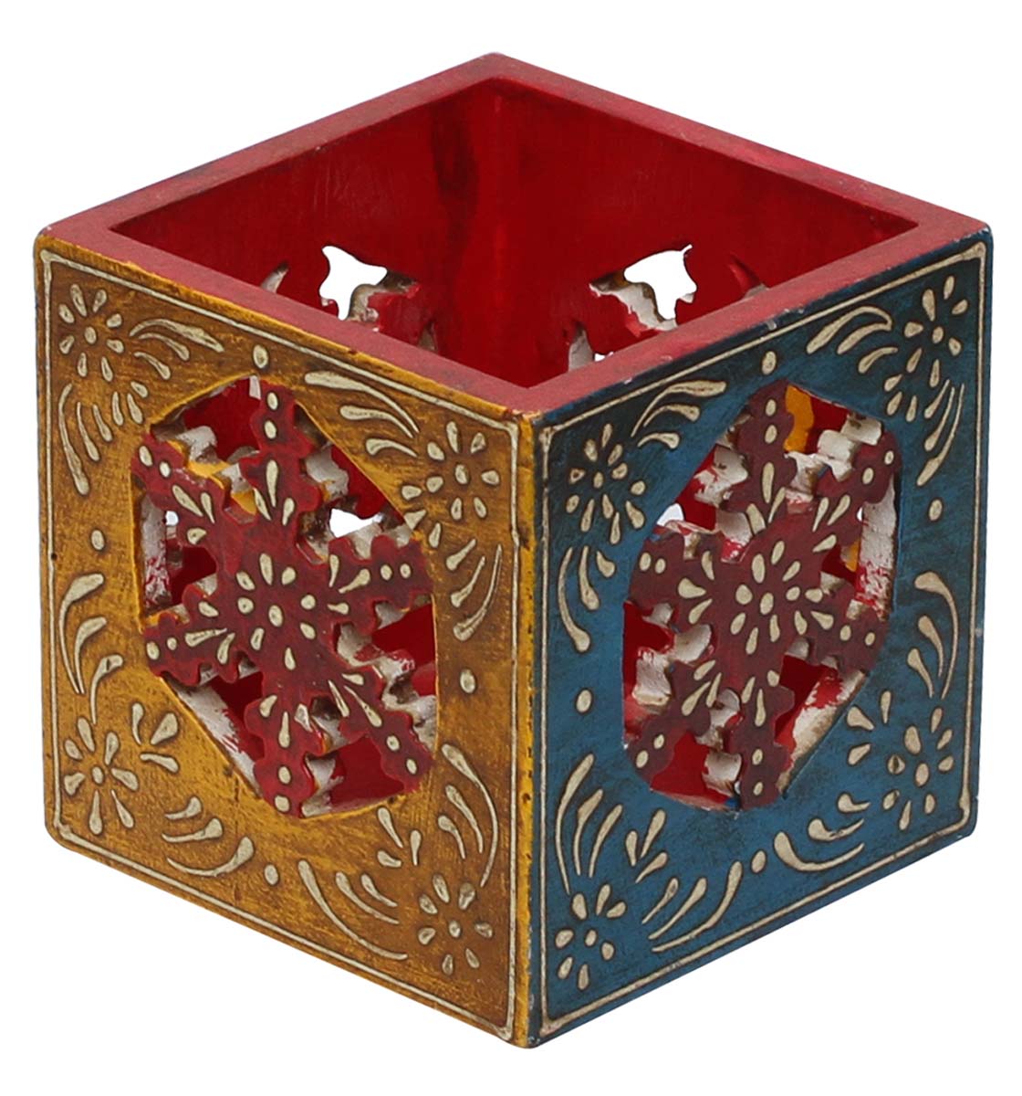 Bulk Wholesale Handmade 4” Wooden Pen-Stand / Holder in Blue & Yellow Color Decorated with Floral Cut-Outs & Old World Cone-Painting Art – Antique-Look Holders from India