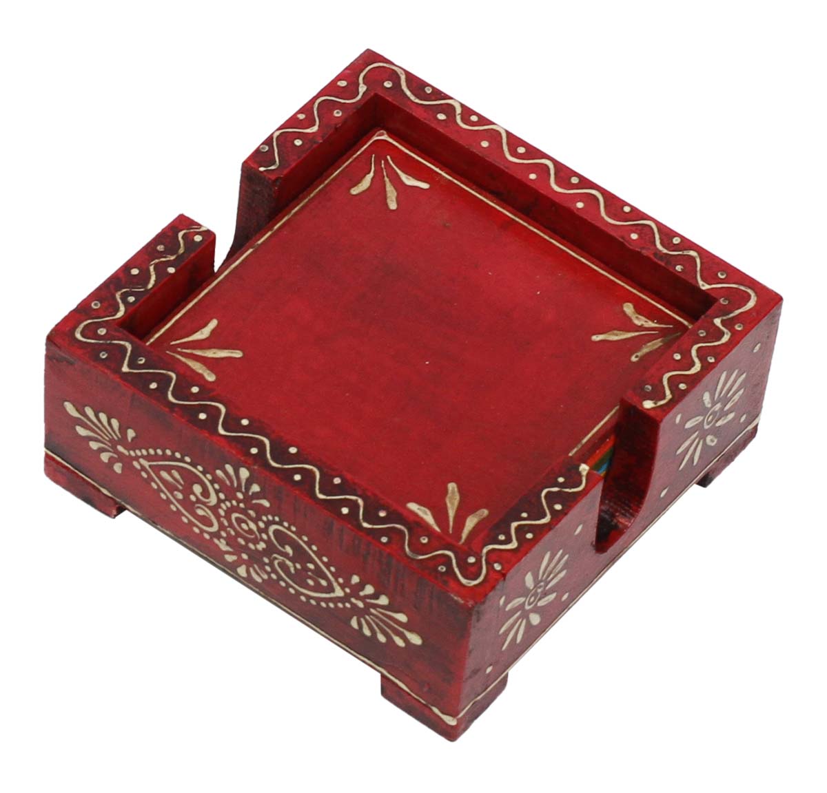 Bulk Wholesale Multicolored Wooden Coasters & Holder Set - Set of 6 Decorative Coasters In Red, Yellow, Blue, Green, Violet, Orange Colors & a Red Holder - Cone Painting Art - Ethnic-Look Bar/Dining Table Accessories