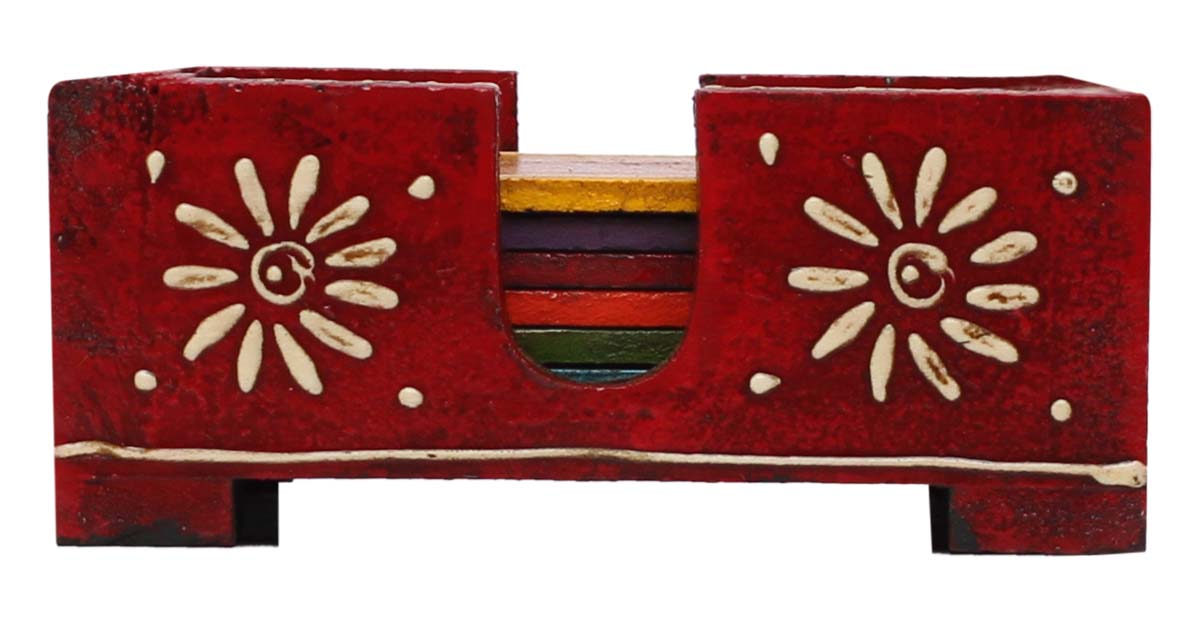Bulk Wholesale Multicolored Wooden Coasters & Holder Set - Set of 6 Decorative Coasters In Red, Yellow, Blue, Green, Violet, Orange Colors & a Red Holder - Cone Painting Art - Ethnic-Look Bar/Dining Table Accessories
