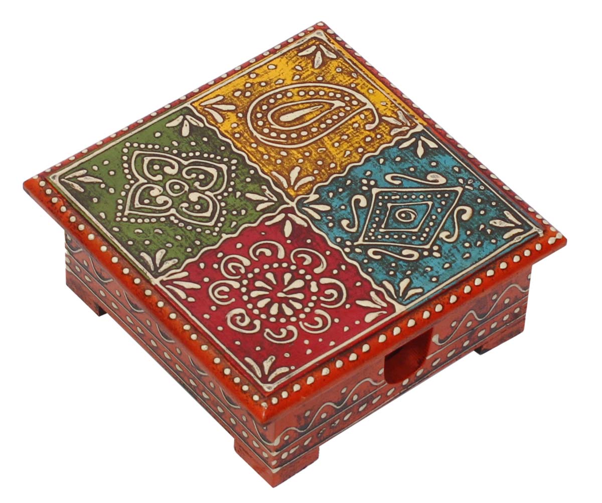 Bulk Wholesale Set of 6 Wooden Coasters in Red, Yellow, Blue, Green, Violet, Orange Colors with a Colorful Bright Box - Handmade Dining Table Accessory Decorated with Cone-Painting Art