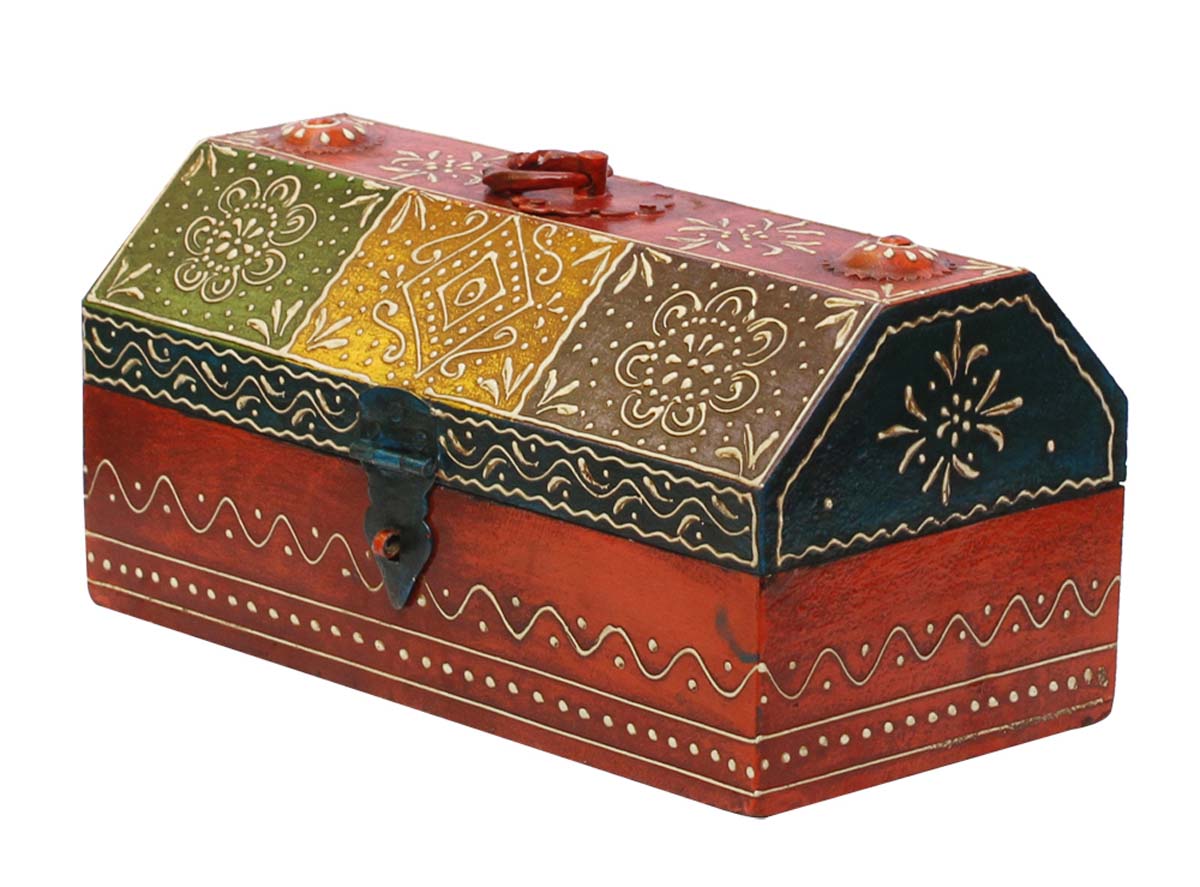 Wholesale 10” HutShaped Jewelry Box in Bulk - Source Handmade Jewelry Box/Trinket Box Decorated with Traditional Style Cone-Painting Art in Orange & More Colors from India