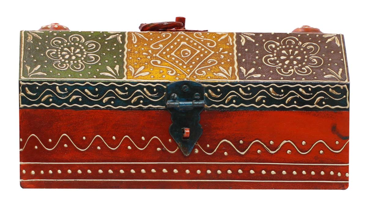 Wholesale 10” HutShaped Jewelry Box in Bulk - Source Handmade Jewelry Box/Trinket Box Decorated with Traditional Style Cone-Painting Art in Orange & More Colors from India
