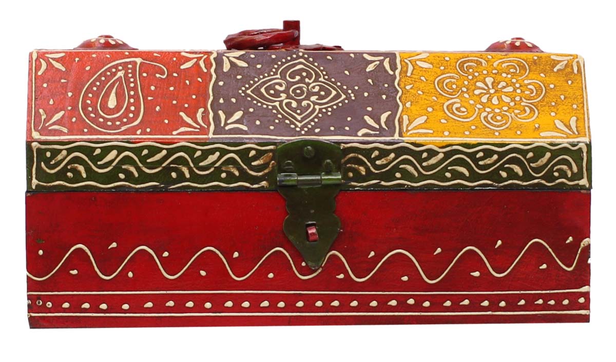 Source Hut-Shaped10” Jewelry Box in Bulk - Wholesale Handmade Jewelry Box/Trinket Box with Traditional Style Cone-Painting Art in Red & More Colors from India