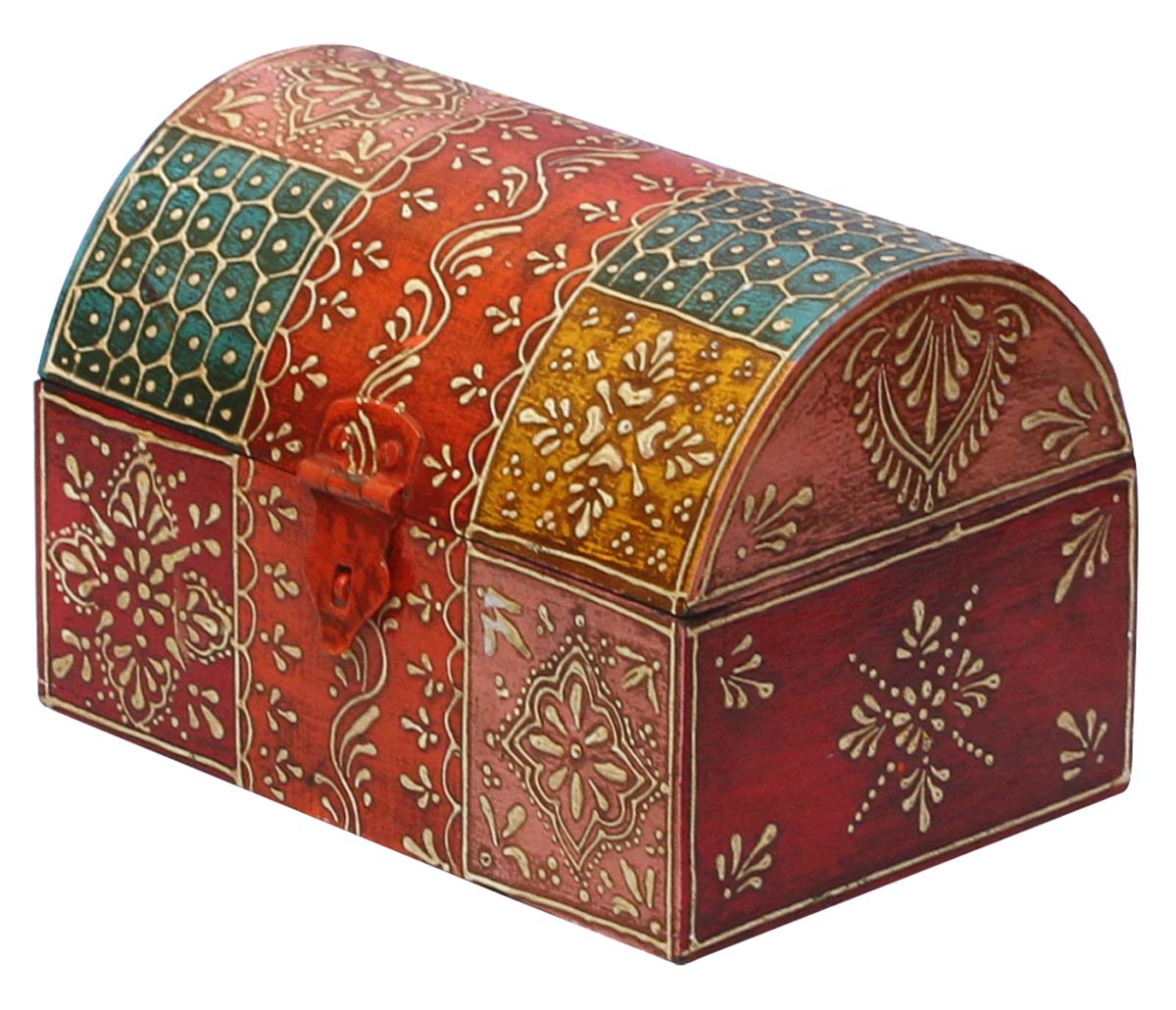 Trunk Shaped 7” Wooden Jewelry Box in Bulk - Wholesale Jewelry Box/Trinket Box Decorated with Traditional Style Cone-Painting Art in Orange & More Colors from India