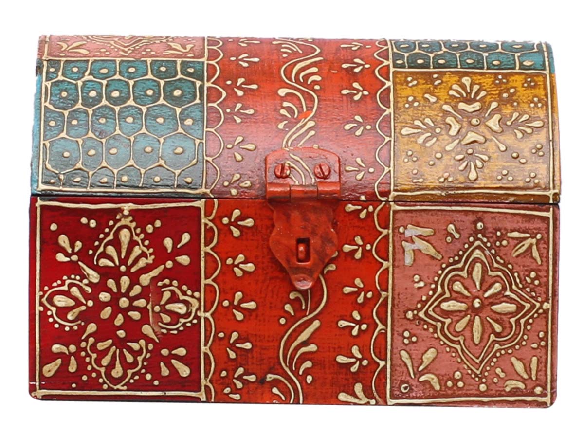 Trunk Shaped 7” Wooden Jewelry Box in Bulk - Wholesale Jewelry Box/Trinket Box Decorated with Traditional Style Cone-Painting Art in Orange & More Colors from India
