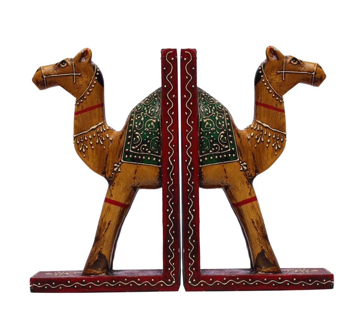 Bulk Wholesale Handmade 9” Wooden Camel Bookends with in Red, Green, Yellow – Decorative Bookends in Old-World Cone-Painting Art – Home Décor from India