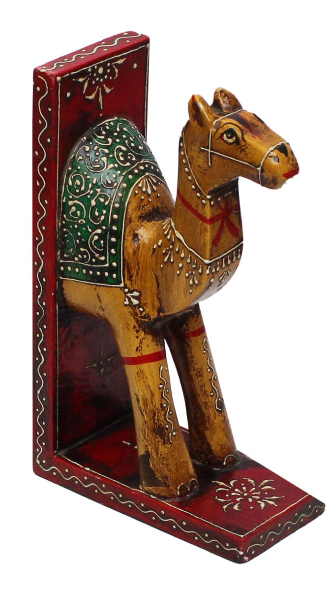 Bulk Wholesale Handmade 9” Wooden Camel Bookends with in Red, Green, Yellow – Decorative Bookends in Old-World Cone-Painting Art – Home Décor from India