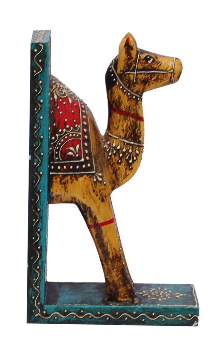 Bulk Wholesale Handmade 9” Wooden Camel Bookends with in Red, Blue, Yellow – Decorative Bookends in Old-World Cone-Painting Art – Home Décor from India