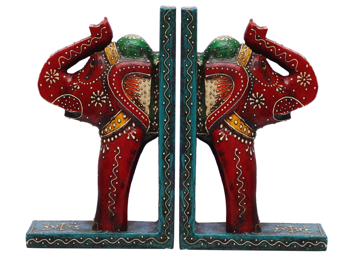 Bulk Wholesale Handmade 9” Wooden Elephant Bookends in Blue, Red, Green – Decorative Bookends in Old-World Cone-Painting Art – Home Décor from India