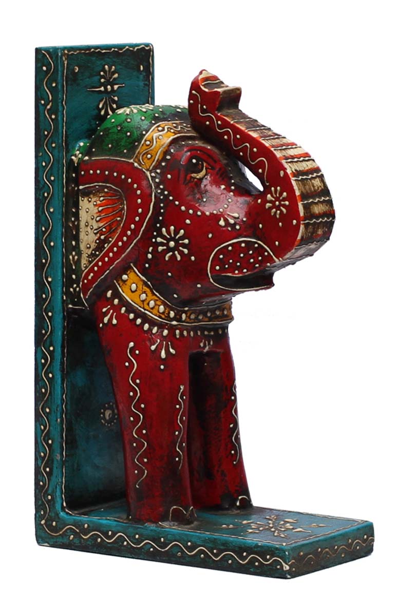 Bulk Wholesale Handmade 9” Wooden Elephant Bookends in Blue, Red, Green – Decorative Bookends in Old-World Cone-Painting Art – Home Décor from India