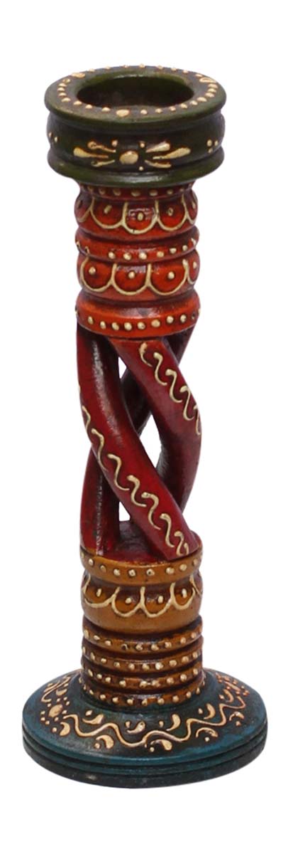 Bulk Wholesale Handmade 9” Colorful Wooden Candle Stand / Tea-Light Holder with Twisted Stem Red Pattern in the Center – Antique-Look Home Décor from India