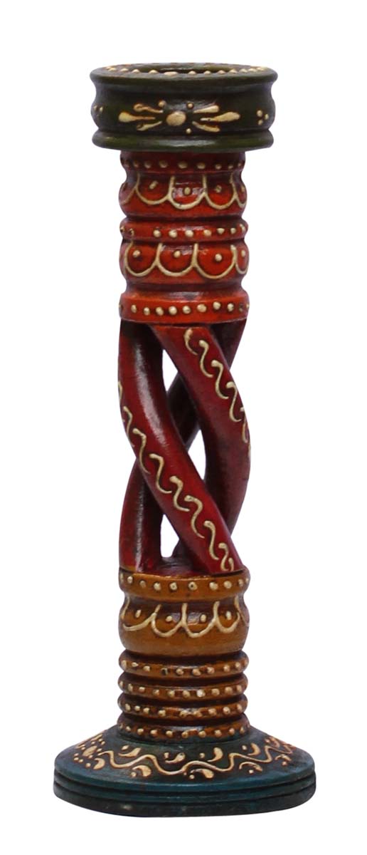 Bulk Wholesale Handmade 9” Colorful Wooden Candle Stand / Tea-Light Holder with Twisted Stem Red Pattern in the Center – Antique-Look Home Décor from India