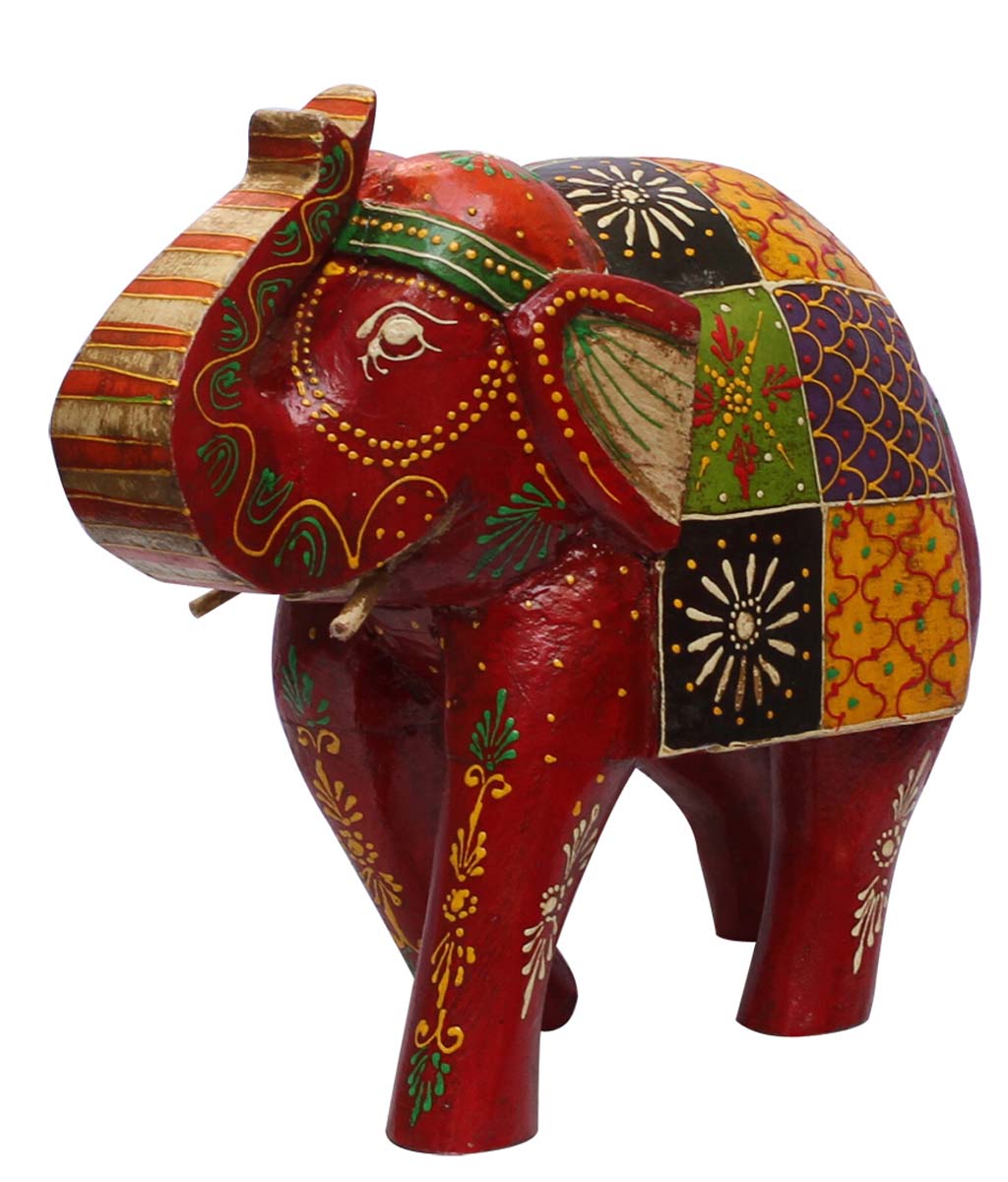 Wholesale 12” Trunk-Up Elephant Figurine - Buy in Bulk Handcrafted Wood Elephant Figurine/Statue with Old World Cone Painting Art in Colorful Motifs - Old Indian Art - Unique Animal Decor Sculpture