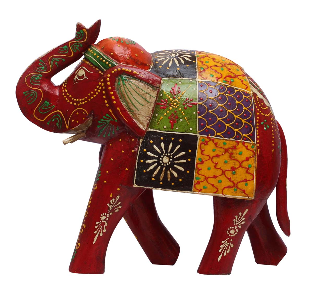 Wholesale 12” Trunk-Up Elephant Figurine - Buy in Bulk Handcrafted Wood Elephant Figurine/Statue with Old World Cone Painting Art in Colorful Motifs - Old Indian Art - Unique Animal Decor Sculpture