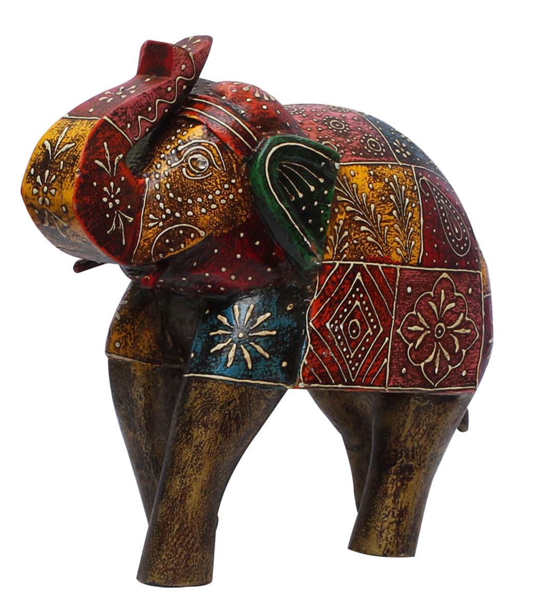 Wholesale Olive-Green Trunk-Up Elephant Figurine in Bulk - Source 12” Handcrafted Wood Elephant Figurine/Statue with Old World Cone Painting Art in Colorful Motifs - Old Indian Art - Unique Animal Decor Sculpture from India