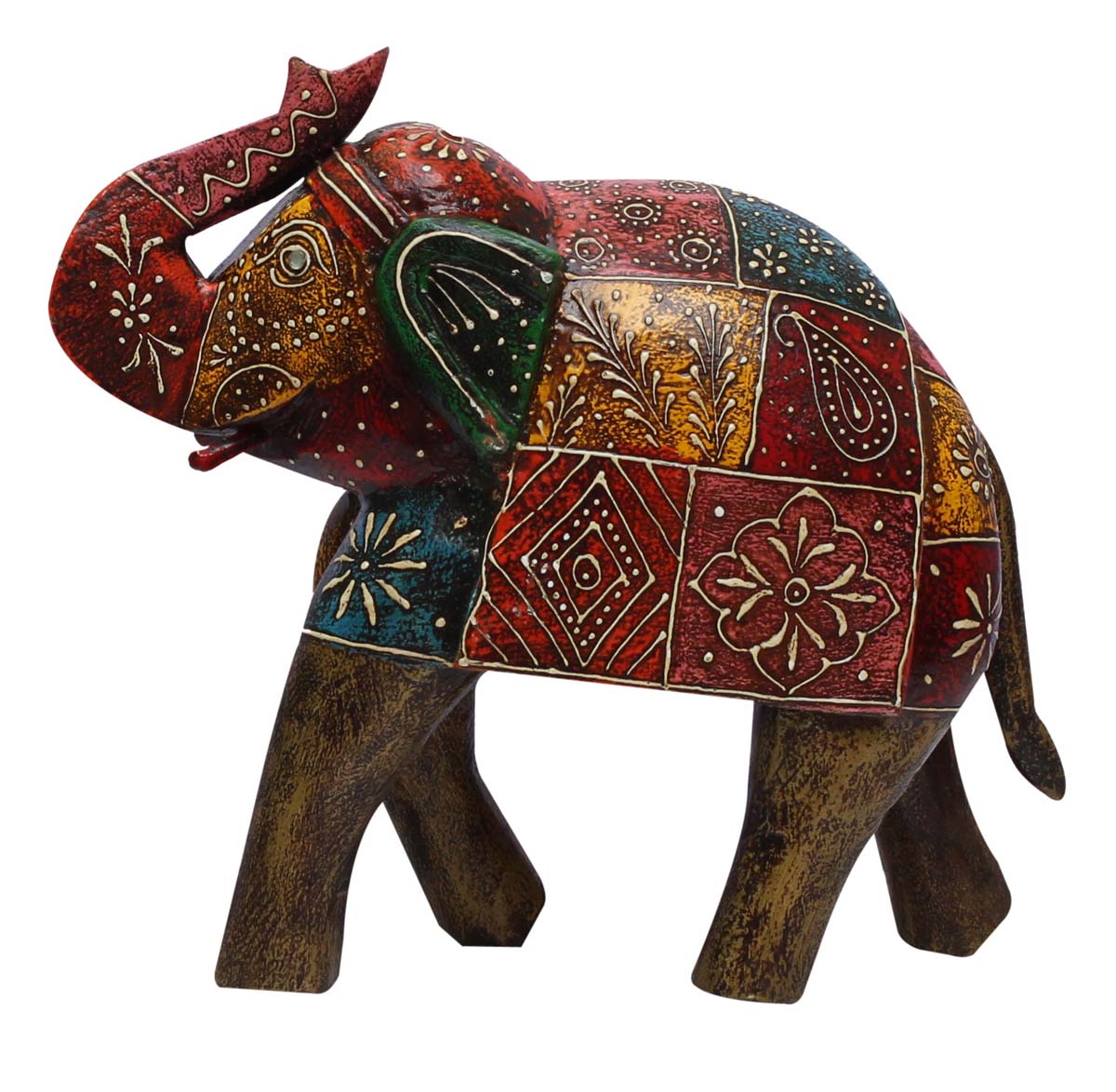Wholesale Olive-Green Trunk-Up Elephant Figurine in Bulk - Source 12” Handcrafted Wood Elephant Figurine/Statue with Old World Cone Painting Art in Colorful Motifs - Old Indian Art - Unique Animal Decor Sculpture from India