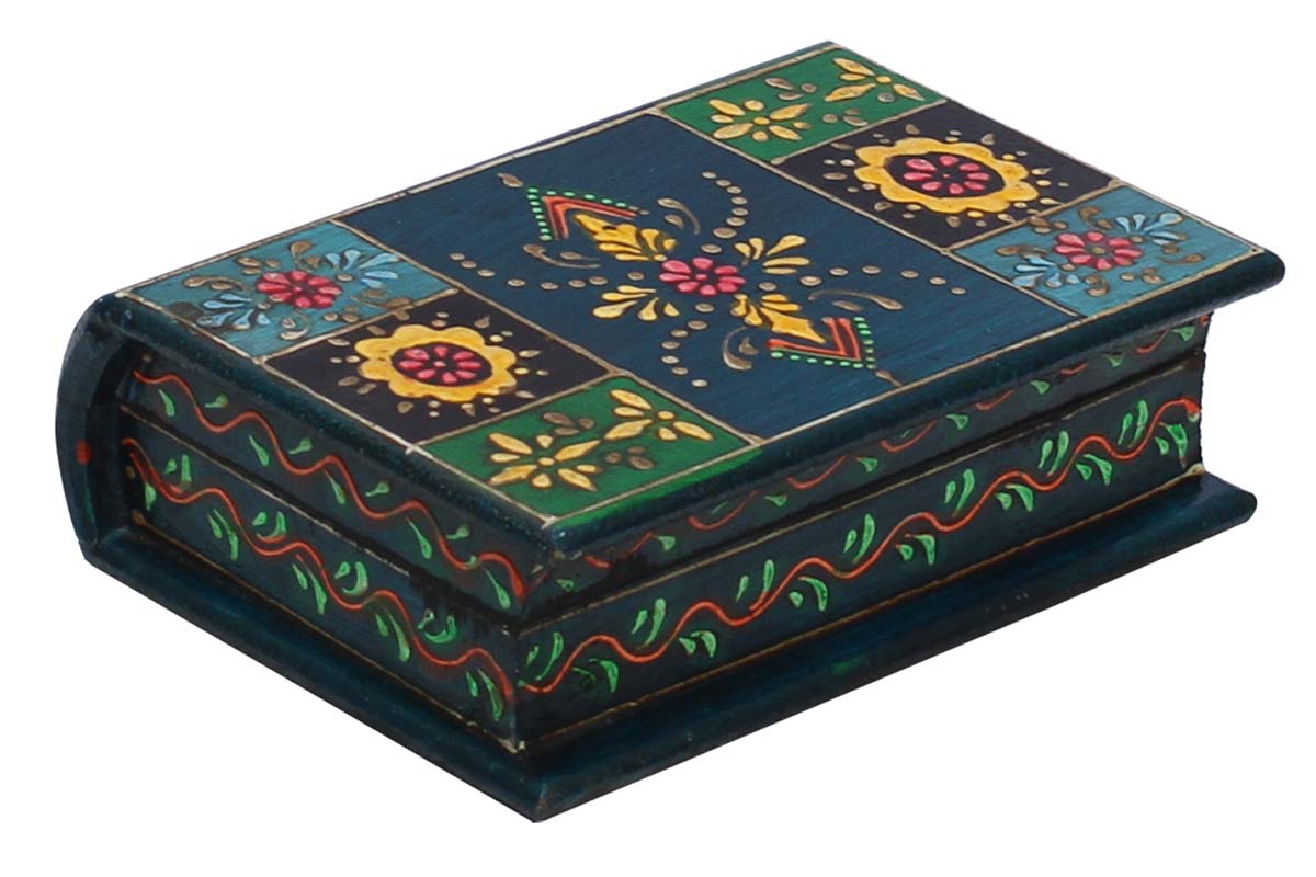 Bulk Buy Book-Shaped7x5” Wooden Jewelry Box - Wholesale Wood Jewelry Box/Trinket Box with Old World Cone Painting Art in Black, Green Blue Traditional-Look Motifs from India