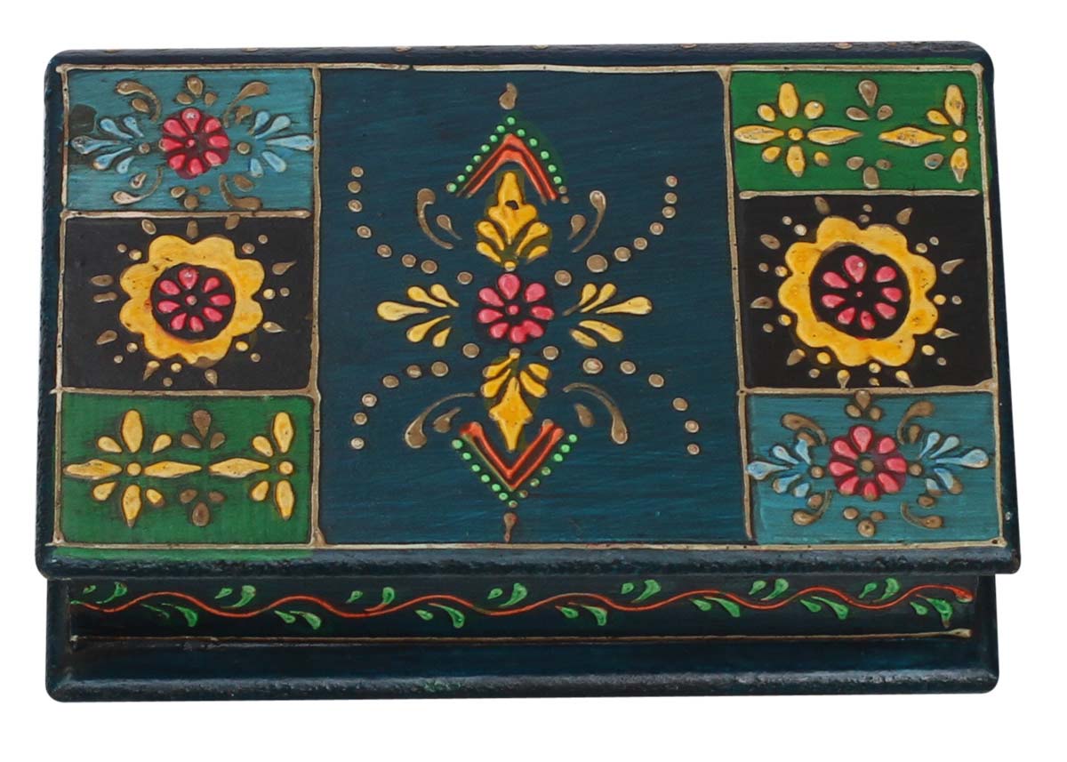 Bulk Buy Book-Shaped7x5” Wooden Jewelry Box - Wholesale Wood Jewelry Box/Trinket Box with Old World Cone Painting Art in Black, Green Blue Traditional-Look Motifs from India