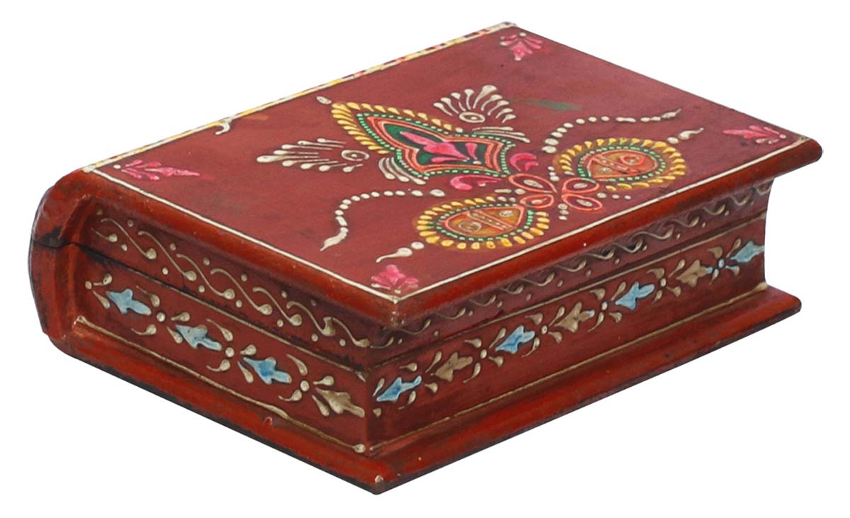 Wholesale 7x5” Book Shaped Jewelry Box in Bulk - Source Handmade Brown Jewelry Box/Trinket Box in Wood Decorated with Old World Cone Painting Art in Traditional-Look Colorful Motifs from India