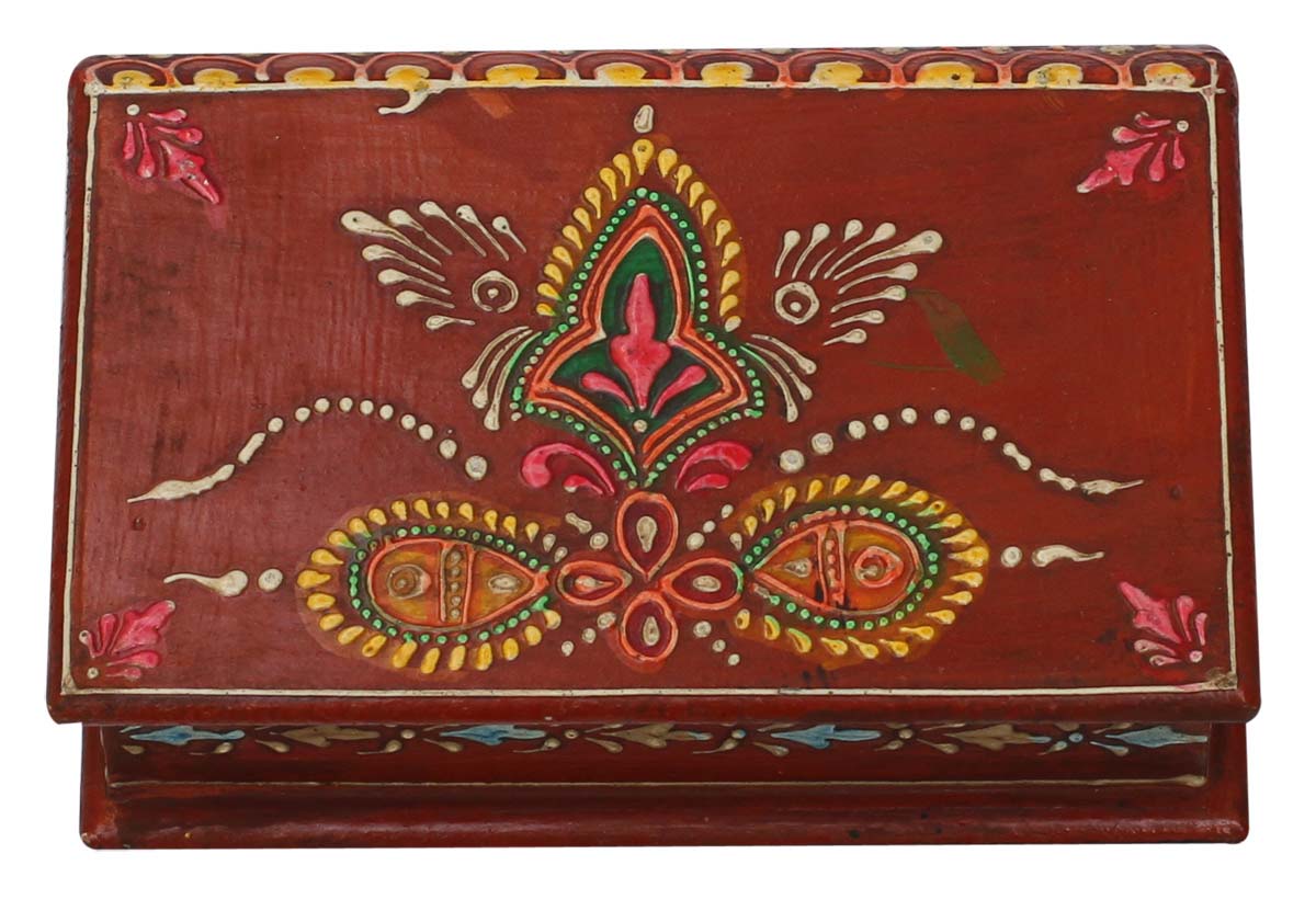 Wholesale 7x5” Book Shaped Jewelry Box in Bulk - Source Handmade Brown Jewelry Box/Trinket Box in Wood Decorated with Old World Cone Painting Art in Traditional-Look Colorful Motifs from India